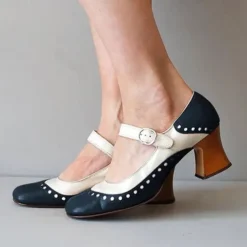 Women's Light Brown and White Mary Jane Heels with Decorative Buckle and Studded Detailing – Perfect for Vintage-Inspired Events and Special Occasions