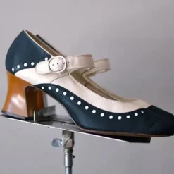 Women's Light Brown and White Mary Jane Heels with Decorative Buckle and Studded Detailing – Perfect for Vintage-Inspired Events and Special Occasions