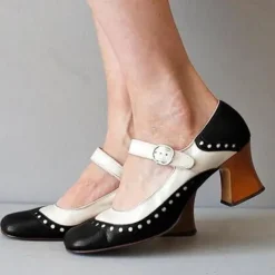 Women's Light Brown and White Mary Jane Heels with Decorative Buckle and Studded Detailing – Perfect for Vintage-Inspired Events and Special Occasions