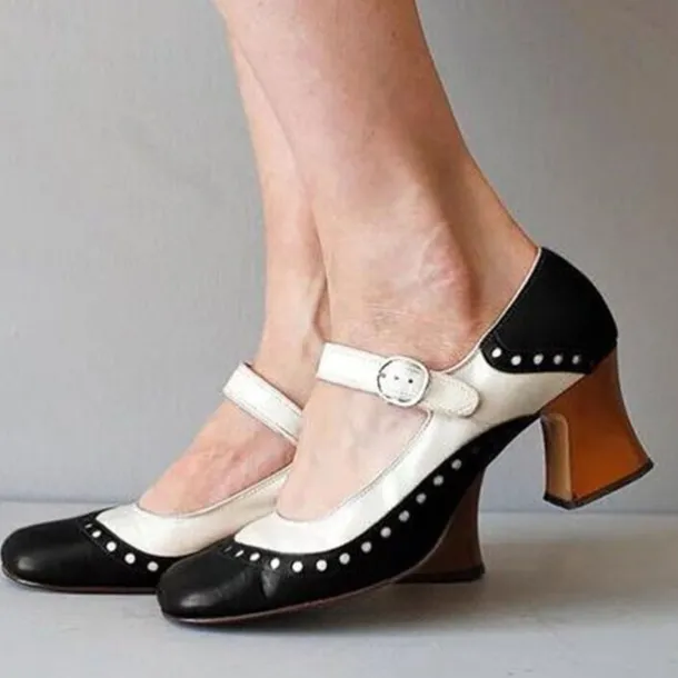Women's Light Brown and White Mary Jane Heels with Decorative Buckle and Studded Detailing – Perfect for Vintage-Inspired Events and Special Occasions