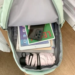 Women's Light Green School Backpack with Cute Plush Bear Keychain, Large Capacity Multi-Pocket Waterproof Bookbag for Teen Girls, College, and Daily Use