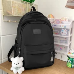 Women's Light Green School Backpack with Cute Plush Bear Keychain, Large Capacity Multi-Pocket Waterproof Bookbag for Teen Girls, College, and Daily Use