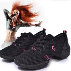 Women's Lightweight Mesh Lace-Up Dance Sneakers – Breathable Black Sports Shoes for Jazz, Zumba, and Fitness Workouts