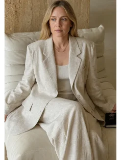 Women's Linen Tencel Blazer Breathable Pocket Buttons Elegant Vintage Fashion Daily Solid Color Formal Office / Career Casual Single Breasted Regular Notch Lapel Loose Fit Long Sleeve Outerwear Navy