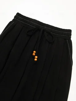Women's Linen Black Loose Pleated Adjustable Drawstring Dhoti Pants with Pockets