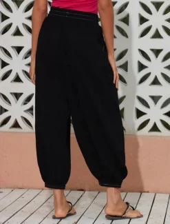 Women's Linen Black Loose Pleated Adjustable Drawstring Dhoti Pants with Pockets