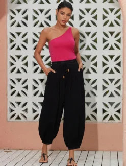 Women's Linen Black Loose Pleated Adjustable Drawstring Dhoti Pants with Pockets