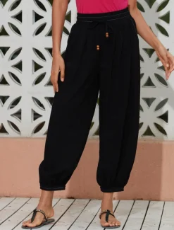 Women's Linen Black Loose Pleated Adjustable Drawstring Dhoti Pants with Pockets