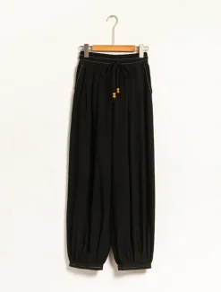 Women's Linen Black Loose Pleated Adjustable Drawstring Dhoti Pants with Pockets