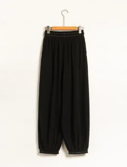 Women's Linen Black Loose Pleated Adjustable Drawstring Dhoti Pants with Pockets