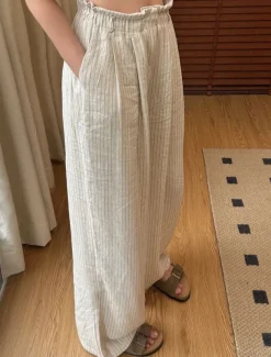 Women's Linen BLend Pants Trousers Vacation Vintage Ethnic Style Full Length Mid Waist Striped Elastic Waistband Comfy Breathability Soft Inelastic Vacation Home Beige Summer Spring Fall Loose Fit