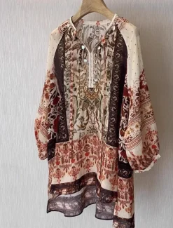 Women's Linen Cotton Boho Shirt Floral Seashell Paisley Abstract Vintage Stylish Ethnic 3/4 Length Sleeve Lantern Sleeve V Neck Regular Tops Daily Holiday Going out Tie Front Brown Summer Spring Fall