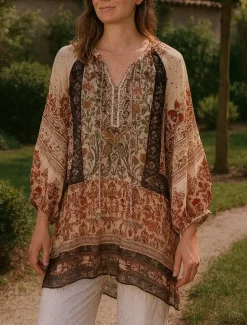 Women's Linen Cotton Boho Shirt Floral Seashell Paisley Abstract Vintage Stylish Ethnic 3/4 Length Sleeve Lantern Sleeve V Neck Regular Tops Daily Holiday Going out Tie Front Brown Summer Spring Fall