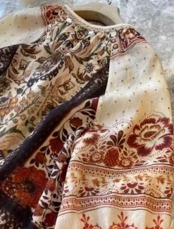 Women's Linen Cotton Boho Shirt Floral Seashell Paisley Abstract Vintage Stylish Ethnic 3/4 Length Sleeve Lantern Sleeve V Neck Regular Tops Daily Holiday Going out Tie Front Brown Summer Spring Fall