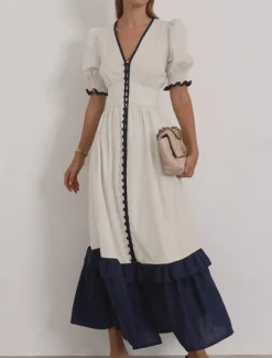 Women's 55%Linen Maxi Dress Ruffle Dress Vacation Party Birthday Puff Sleeve Office Birthday Daily Regular Fit Plain Short Sleeve V Neck Apricot Summer Spring