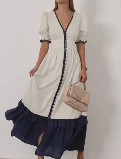 Women's 55%Linen Maxi Dress Ruffle Dress Vacation Party Birthday Puff Sleeve Office Birthday Daily Regular Fit Plain Short Sleeve V Neck Apricot Summer Spring
