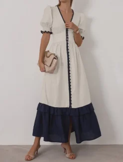 Women's 55%Linen Maxi Dress Ruffle Dress Vacation Party Birthday Puff Sleeve Office Birthday Daily Regular Fit Plain Short Sleeve V Neck Apricot Summer Spring