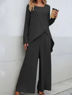 Women's Linen-Inspired Sets Two Piece Sets T Shirt Wide Leg Pants Long Sleeve Solid Color Black Blue Khaki Spring Regular Fit