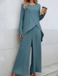 Women's Linen-Inspired Sets Two Piece Sets T Shirt Wide Leg Pants Long Sleeve Solid Color Black Blue Khaki Spring Regular Fit