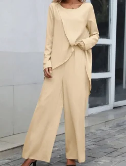 Women's Linen-Inspired Sets Two Piece Sets T Shirt Wide Leg Pants Long Sleeve Solid Color Black Blue Khaki Spring Regular Fit