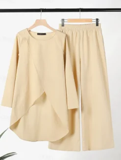 Women's Linen-Inspired Sets Two Piece Sets T Shirt Wide Leg Pants Long Sleeve Solid Color Black Blue Khaki Spring Regular Fit