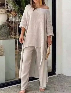 Women's Linen-Inspired Sets Two Piece Sets Pure Color Fashion Simple Casual Street Date Airport Breathable Crew Neck Long Sleeve Pant Summer Spring Home Outfits