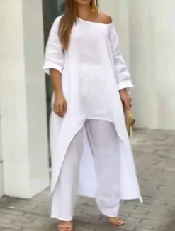 Women's Linen-Inspired Sets Two Piece Sets Pure Color Fashion Simple Casual Street Date Airport Breathable Crew Neck Long Sleeve Pant Summer Spring Home Outfits