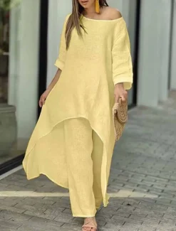 Women's Linen-Inspired Sets Two Piece Sets Pure Color Fashion Simple Casual Street Date Airport Breathable Crew Neck Long Sleeve Pant Summer Spring Home Outfits