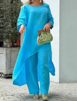 Women's Linen-Inspired Sets Two Piece Sets Pure Color Fashion Simple Casual Street Date Airport Breathable Crew Neck Long Sleeve Pant Summer Spring Home Outfits