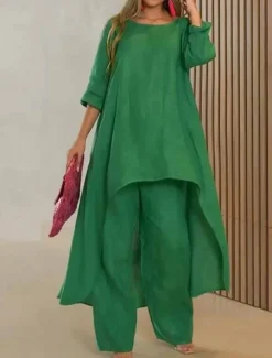 Women's Linen-Inspired Sets Two Piece Sets Pure Color Fashion Simple Casual Street Date Airport Breathable Crew Neck Long Sleeve Pant Summer Spring Home Outfits