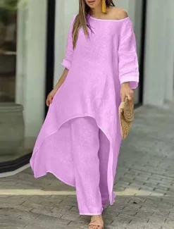 Women's Linen-Inspired Sets Two Piece Sets Pure Color Fashion Simple Casual Street Date Airport Breathable Crew Neck Long Sleeve Pant Summer Spring Home Outfits