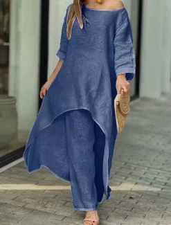 Women's Linen-Inspired Sets Two Piece Sets Pure Color Fashion Simple Casual Street Date Airport Breathable Crew Neck Long Sleeve Pant Summer Spring Home Outfits