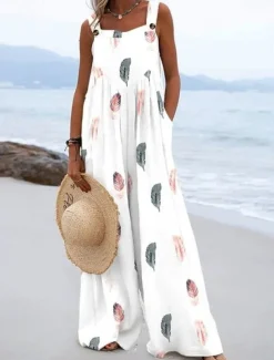 Women's Linen-Inspired Sets Active Floral Sleeveless Wide Leg Vacation Home Loose Fit Black White Yellow Summer