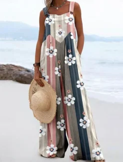 Women's Linen-Inspired Sets Active Floral Sleeveless Wide Leg Vacation Home Loose Fit Black White Yellow Summer