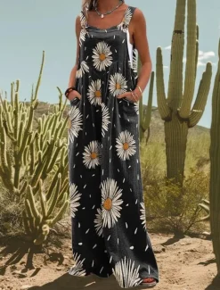 Women's Linen-Inspired Sets Active Floral Sleeveless Wide Leg Vacation Home Loose Fit Black White Yellow Summer