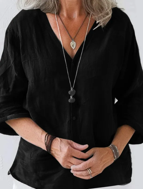 Women's Linen-Inspired Shirts Summer Tops Shrugs Solid Color Daily Casual 3/4 Length Sleeve V Neck Regular Tops Black White Pink Brown Apricot Summer Spring Fall