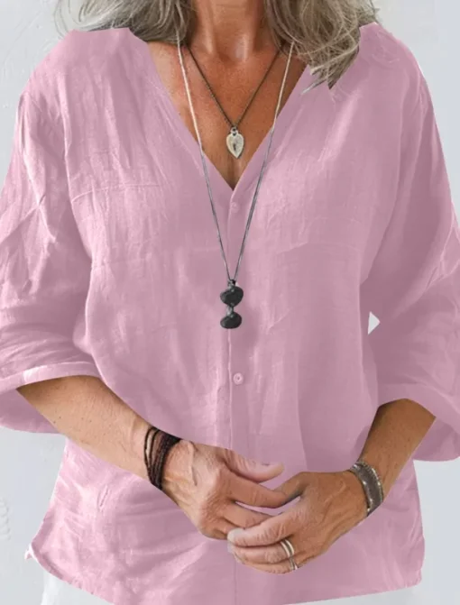 Women's Linen-Inspired Shirts Summer Tops Shrugs Solid Color Daily Casual 3/4 Length Sleeve V Neck Regular Tops Black White Pink Brown Apricot Summer Spring Fall