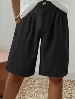 Women's Linen-Inspired Shorts Shorts Slacks Fashion Streetwear Short Natural Plain Pocket Buckle Comfy Outdoor Comfortable Holiday Weekend Apricot Grey Black White Summer Regular Fit