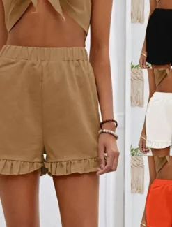 Women's Linen-Inspired Shorts Shorts Slacks Streetwear Casual Short Natural Plain Pocket Elastic Waist Comfy Outdoor Going out Weekend Dark red Wine Navy Black Summer Regular Fit