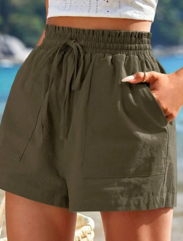 Women's Linen-Inspired Shorts Shorts Slacks Casual Short Natural Plain Pocket Elastic Drawstring Design Comfy Outdoor Street Daily Wear Navy White Yellow Army Green Summer Regular Fit