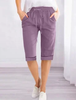 Women's Linen-Inspired Shorts Shorts Slacks Active Simple Casual Knee Length High Waist Plain Pocket Drawstring Elastic Waist Breathability Soft Comfortable Micro-elastic Vacation Casual Daily Weekend