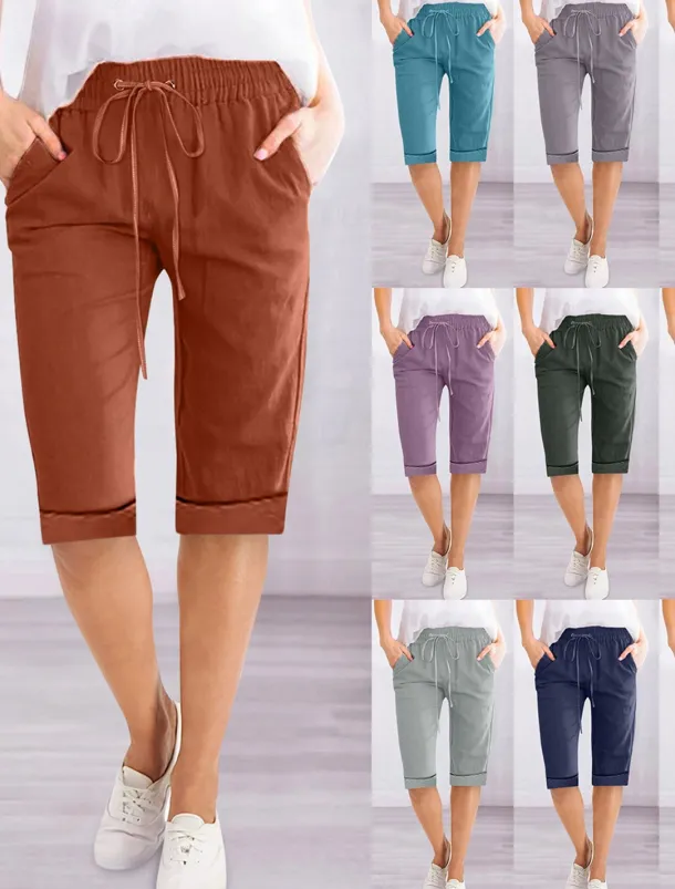 Women's Linen-Inspired Shorts Shorts Slacks Active Simple Casual Knee Length High Waist Plain Pocket Drawstring Elastic Waist Breathability Soft Comfortable Micro-elastic Vacation Casual Daily Weekend