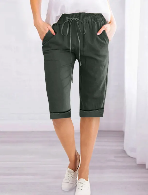 Women's Linen-Inspired Shorts Shorts Slacks Active Simple Casual Knee Length High Waist Plain Pocket Drawstring Elastic Waist Breathability Soft Comfortable Micro-elastic Vacation Casual Daily Weekend