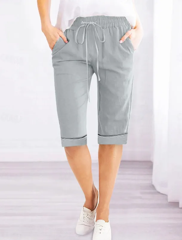 Women's Linen-Inspired Shorts Shorts Slacks Active Simple Casual Knee Length High Waist Plain Pocket Drawstring Elastic Waist Breathability Soft Comfortable Micro-elastic Vacation Casual Daily Weekend