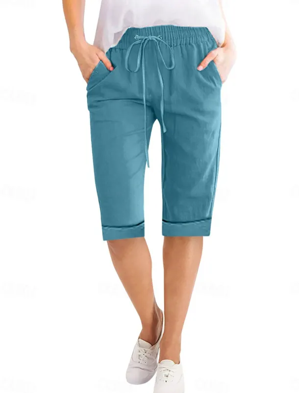 Women's Linen-Inspired Shorts Shorts Slacks Active Simple Casual Knee Length High Waist Plain Pocket Drawstring Elastic Waist Breathability Soft Comfortable Micro-elastic Vacation Casual Daily Weekend