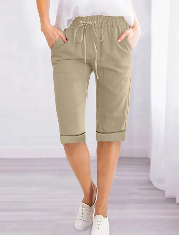 Women's Linen-Inspired Shorts Shorts Slacks Active Simple Casual Knee Length High Waist Plain Pocket Drawstring Elastic Waist Breathability Soft Comfortable Micro-elastic Vacation Casual Daily Weekend