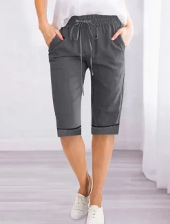 Women's Linen-Inspired Shorts Shorts Slacks Active Simple Casual Knee Length High Waist Plain Pocket Drawstring Elastic Waist Breathability Soft Comfortable Micro-elastic Vacation Casual Daily Weekend
