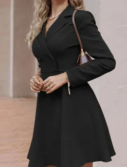 Women's Little Black Dress Blazer Dress Elegant Workfashion Mini Dress Button Lapel Long Sleeve Plain Regular Fit Black Blue Khaki Spring Fall S M L XL