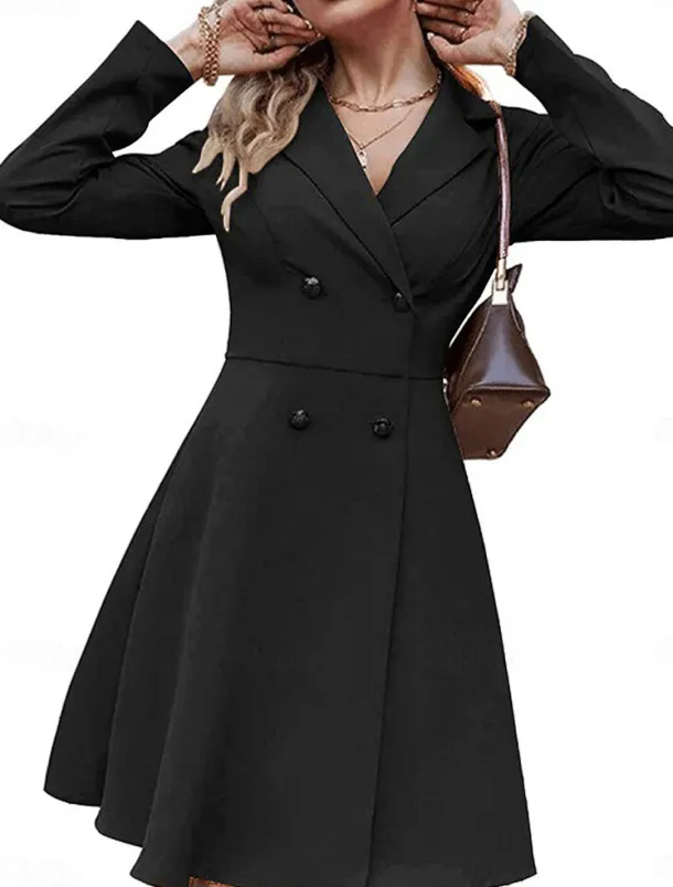 Women's Little Black Dress Blazer Dress Elegant Workfashion Mini Dress Button Lapel Long Sleeve Plain Regular Fit Black Blue Khaki Spring Fall S M L XL