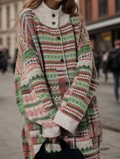 Women's Long Cardigan Collared Knit Pocket Fall Winter Outdoor Cool Stylish Vintage Style Long Sleeve Geometric Striped Green